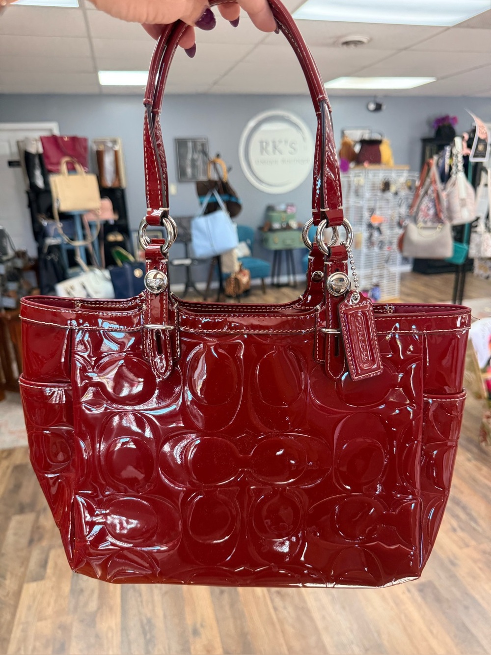 Coach Crimson Red Embossed Patent Leather Tote + Matching Wristlet Set